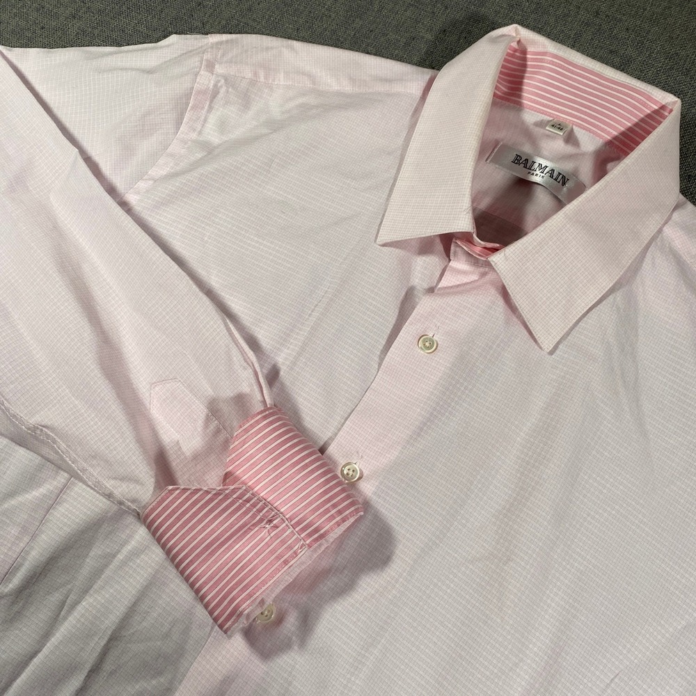 Balmain Button Up Shirt Mens Large Pink Micro Check Striped Flip Cuffs Contrast